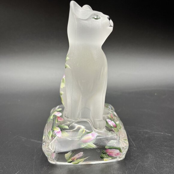 Handpainted Clear Satin Glass Cat Figurine Sitting On Pillow Paperweight Floral - Picture 3 of 11